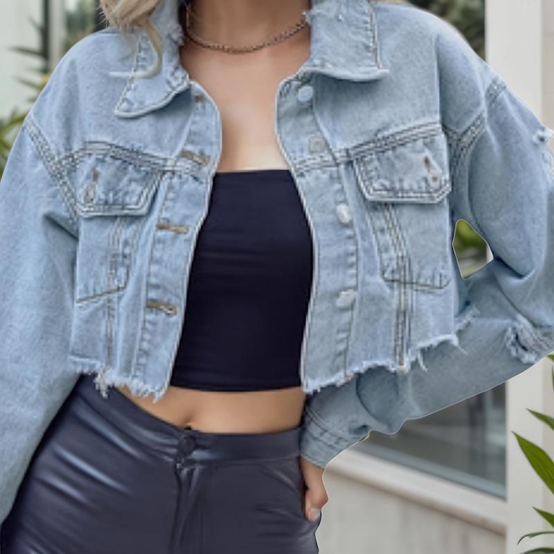 2026 Retro Ripped Denim Jacket for Women - Long Sleeve, Deconstructed Style