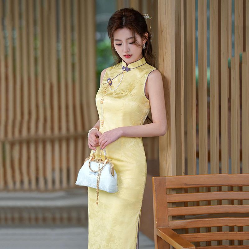 Gelb ärmellos nationaler Stil neu Chinesisch lang verbessert Cheongsam neu junges Mädchen retro schmal Sommer