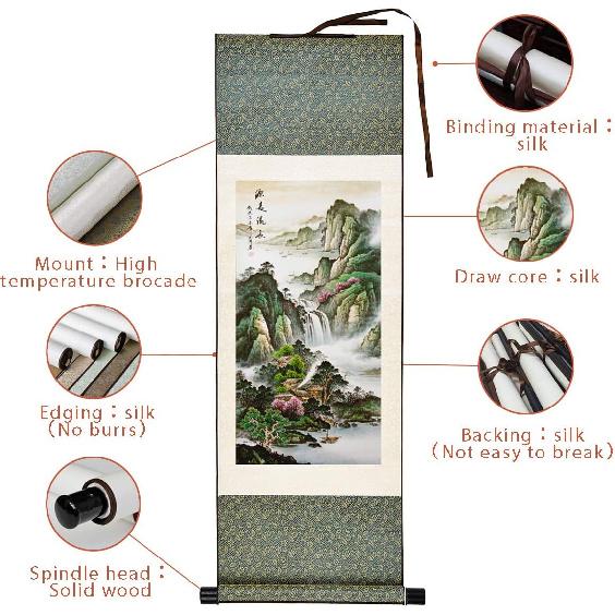 lanermoon Lanermoon Chinese Tradditional Landscape Silk Scroll Painting,Mountain and Waterfall Modern Hanging Paintings for Office Living Room