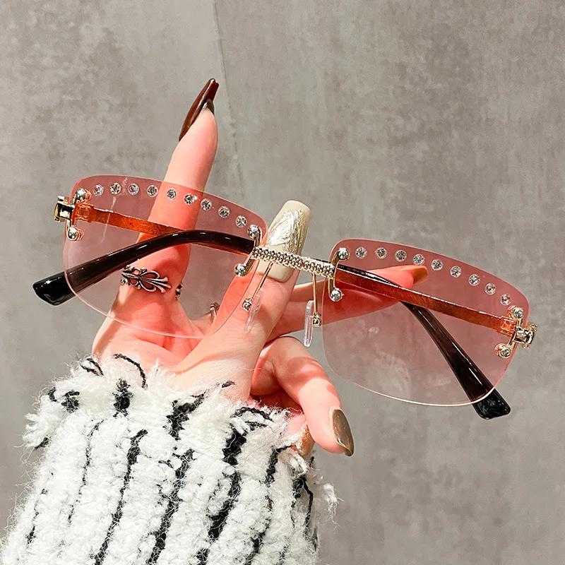 Vintage Rimless Square Diamond Sunglasses Women For Men Sun Glasses Punk Pink Shades Luxury Brand Designer Hip Hop Eyewear UV400