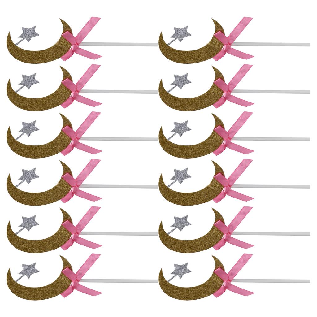 12Pcs Cake Insert Golden Moon Star Cake Topper with Pink Bowknot Wedding Birthday Party Decoration