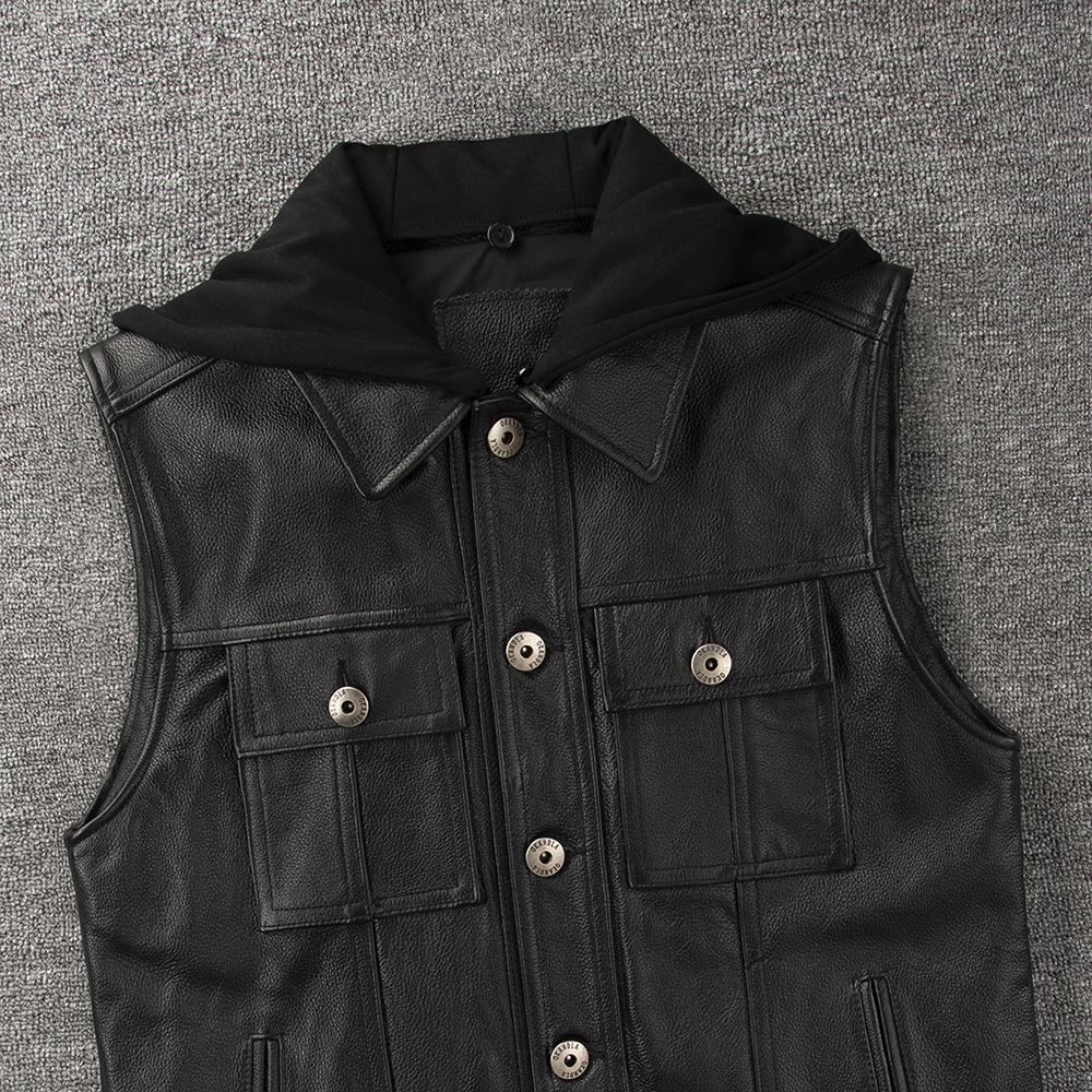 Motorcycle Vest Hood Genuine Cow Men Leather Sleeveless Jacket Biker Riding Vests Men's Genuine Leather Waistcoat Spring