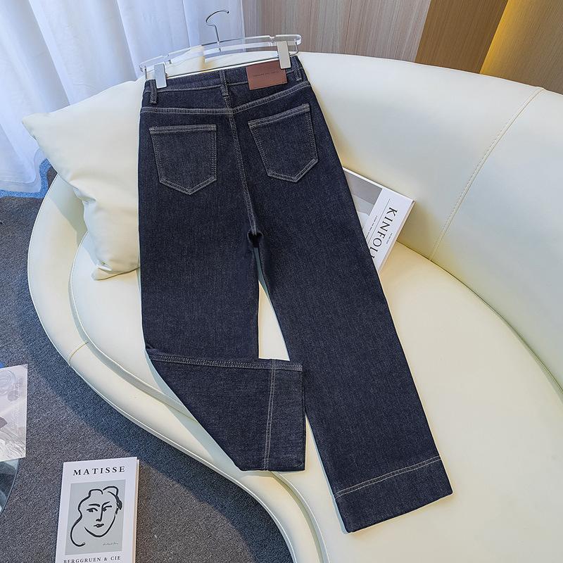 Women's High Waist Straight Leg Jeans Micro Stretch Fleece Lined Cropped Denim Pants Thick Warm Trousers
