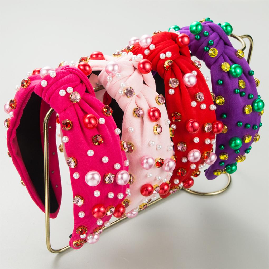 Trendy And Chic Jeweled Wide Top Knot Headband For Fashionable Women Rhinestone Pearl Knot Headbands