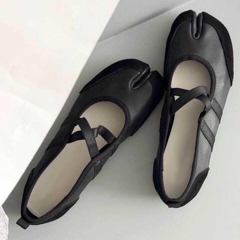 Split-Toe Casual Ballet Flats Shoes Women Pu Leather Cross Band Mary Janes Shoes Spring Autumn Streetwear Elegant Loafers New
