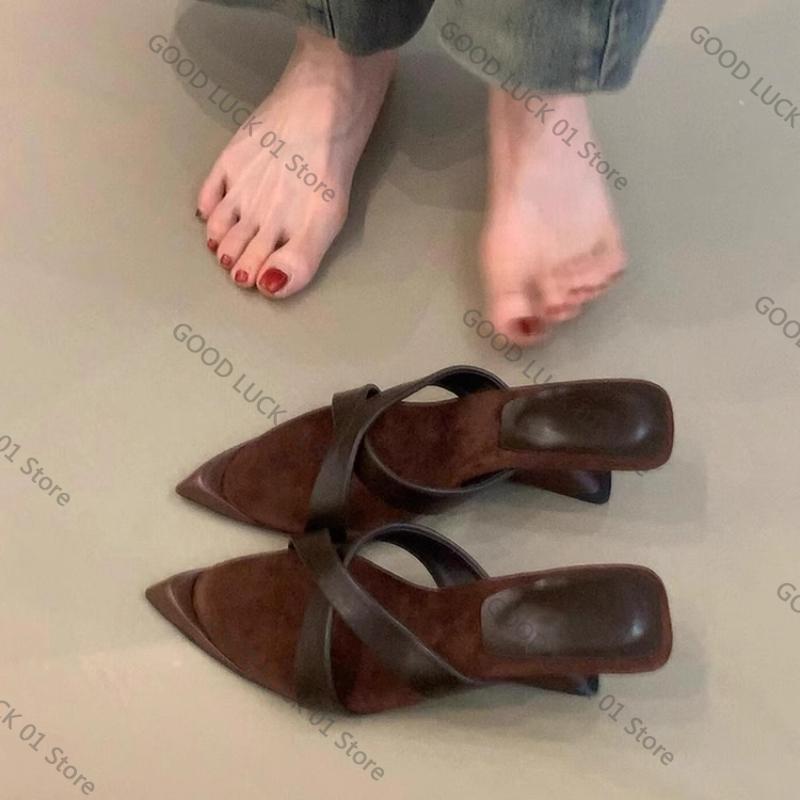 

Fashion Summer Fashion French High Heels Slippers Outside Wear New Pointed Toe Shallow Mouth Open Toe Temperament Special Heel Sandals 40 темно-коричневого