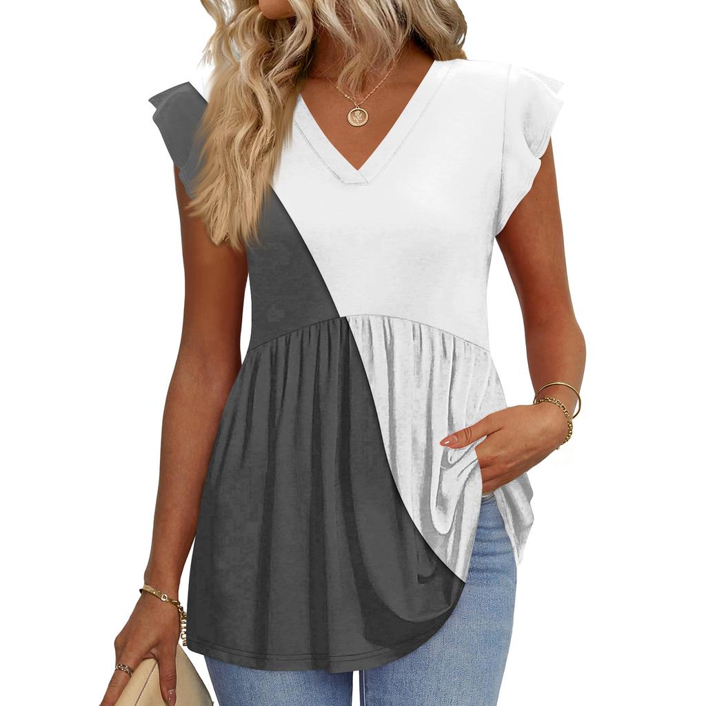 Womens Tops Fashionable V-neck Ruffled Sleeve Short-sleeved T-shirt Business Blouses