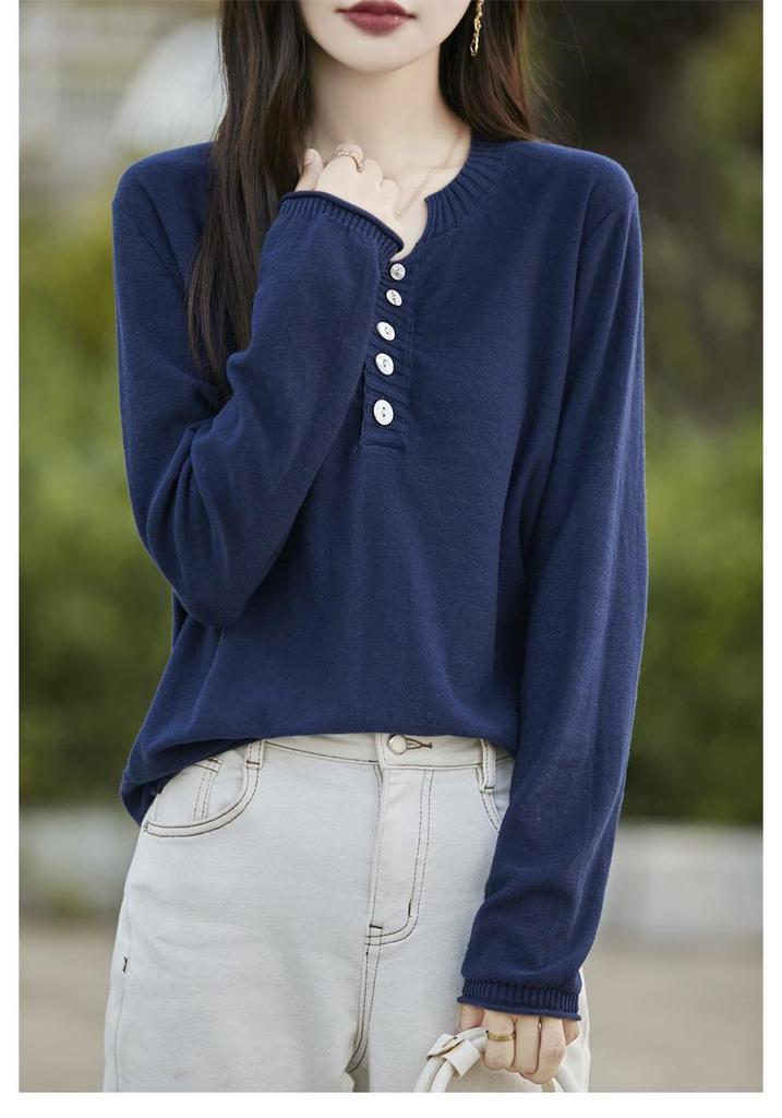 Women's Pure Cotton V-Neck Knitwear: Autumn/Winter Loose Casual Base Layer Sweater