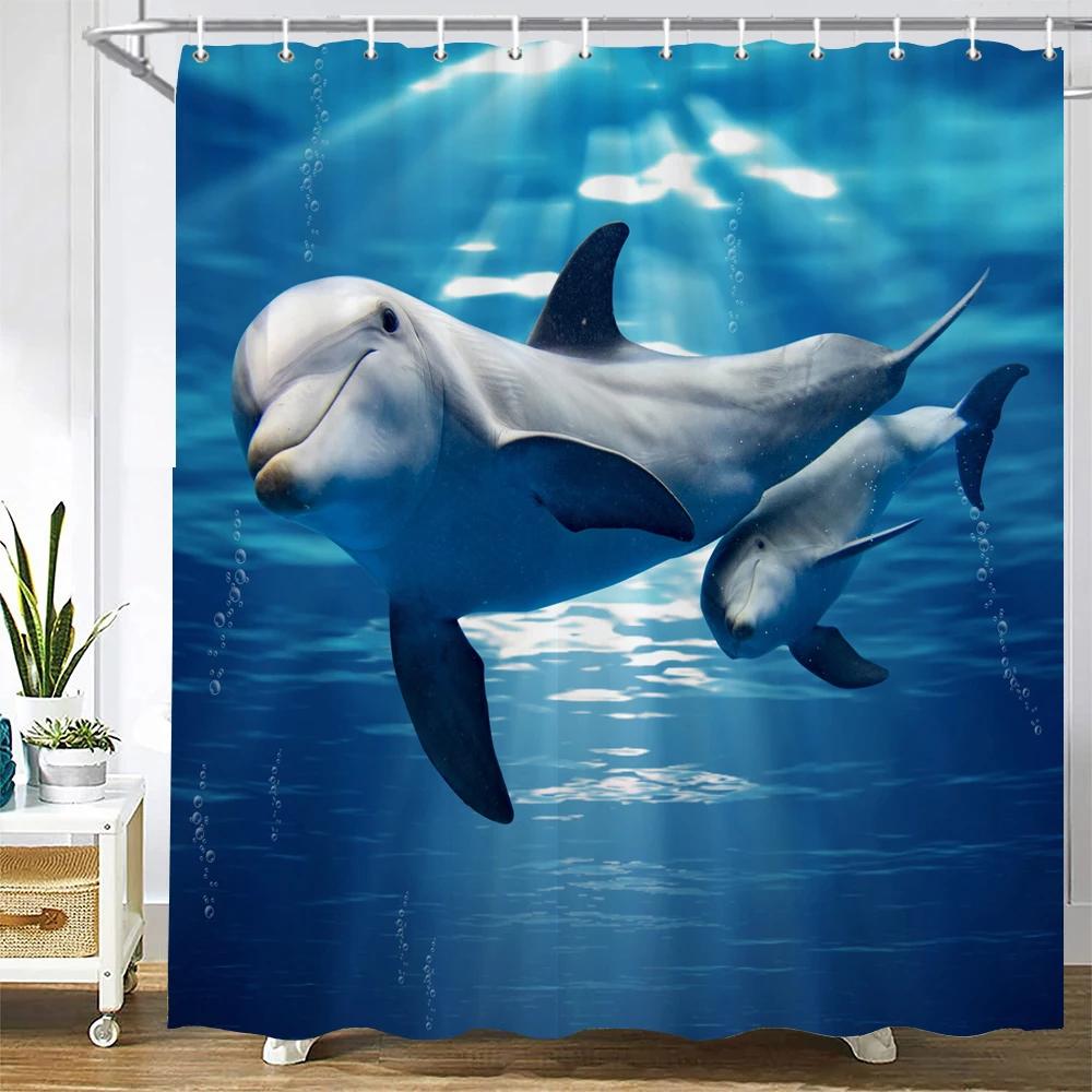 Dolphin Shower Curtain, Blue Underwater World Marine Life , Polyester Fabric Kids Ocean Theme Bathroom Decor Set with 12 Hooks