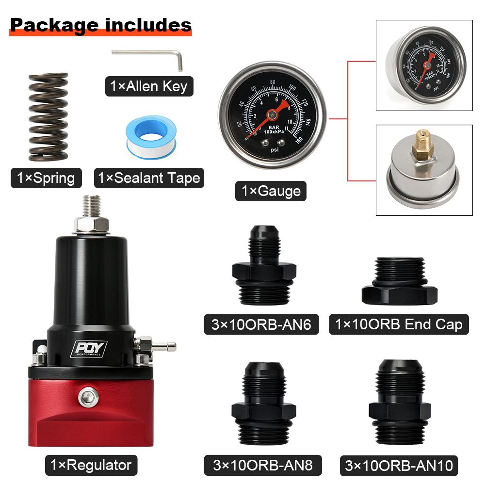 Adjustable Fuel Pressure Regulator 30-140PSI Adjustable Pressure Range 10AN Feed Ports & 10AN Return Port With 0-160PSI Gauge Set