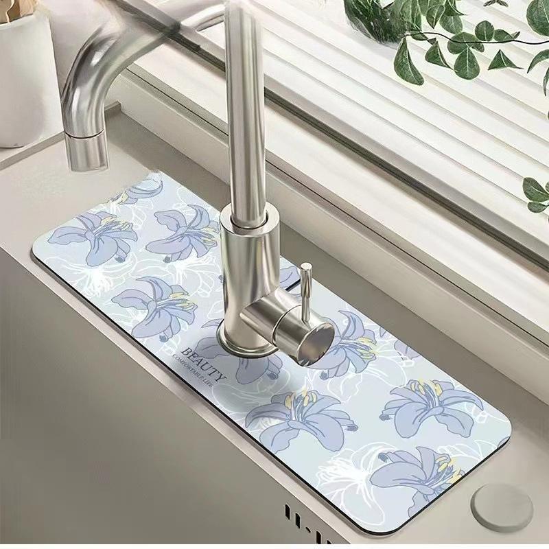 1 pz Tappetino Assorbente per Rubinetto Lavello Floreale, Tappetino di Drenaggio, Lavello Cucina Bagno, Tappetino di Drenaggio da Banco, Lavabo in Fango Diatomaceo, Tappetino Tagliabile ad Asciugatura Rapida