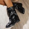Belt Buckle Wide Leg Mid Calf Boots Women Plus Size 42 Med Heel Pu Leather Boots Woman Slip On Straight Fashion Botas Mujer