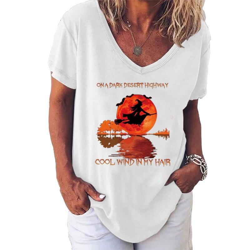 

Fashion Spring Witch Print Blouses Short Sleeved V-Neck T Shirts Casual 8XL белый