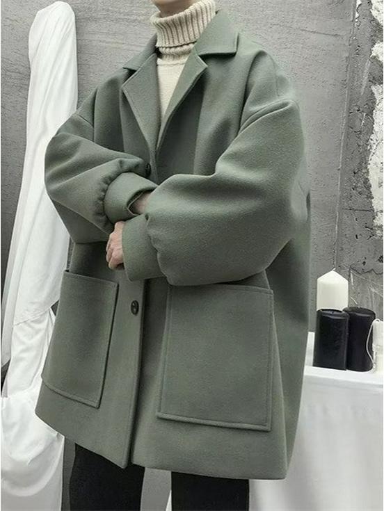 Men's Trendy Mid-Length Wool Coat - Loose Fit, High-End Single-Breasted for Autumn & Winter