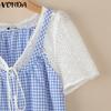 VONDA Women Short Sleeve Lace Crochet Hollow Patchwork Plaid Casual Blouse
