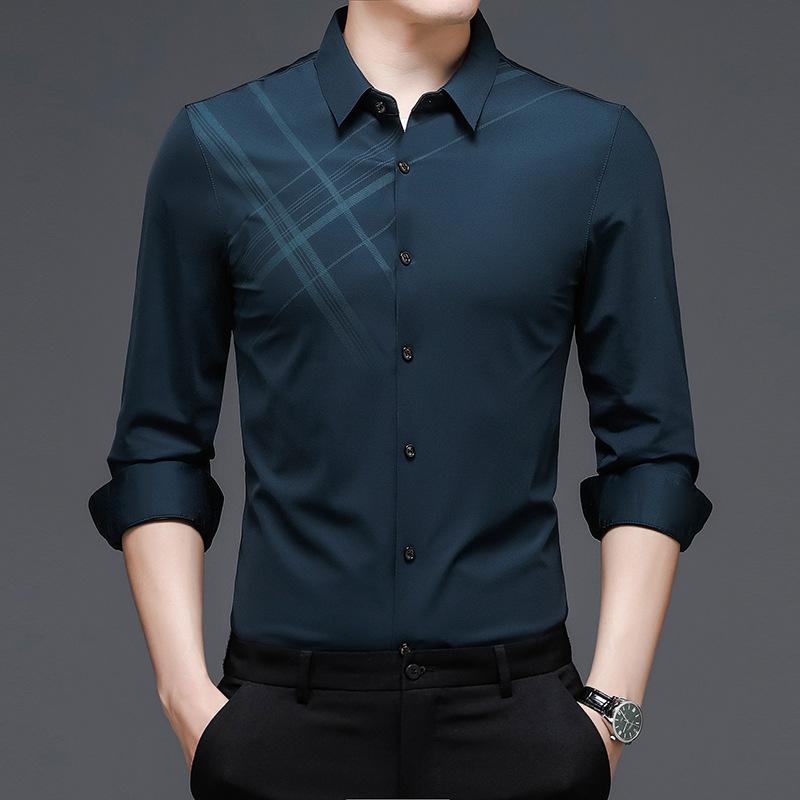 Spring and Autumn Long-sleeved Shirts for Middle-aged Men, Fit Shirts for Dads, Casual Business Printed Plaid Shirts, Thin