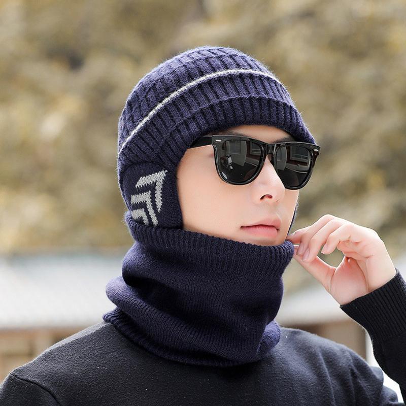 Strickmütze Schal Set Herren Winter Fleece Wolle Mütze Mittelalterliche und Ältere Dicke Warme Mütze