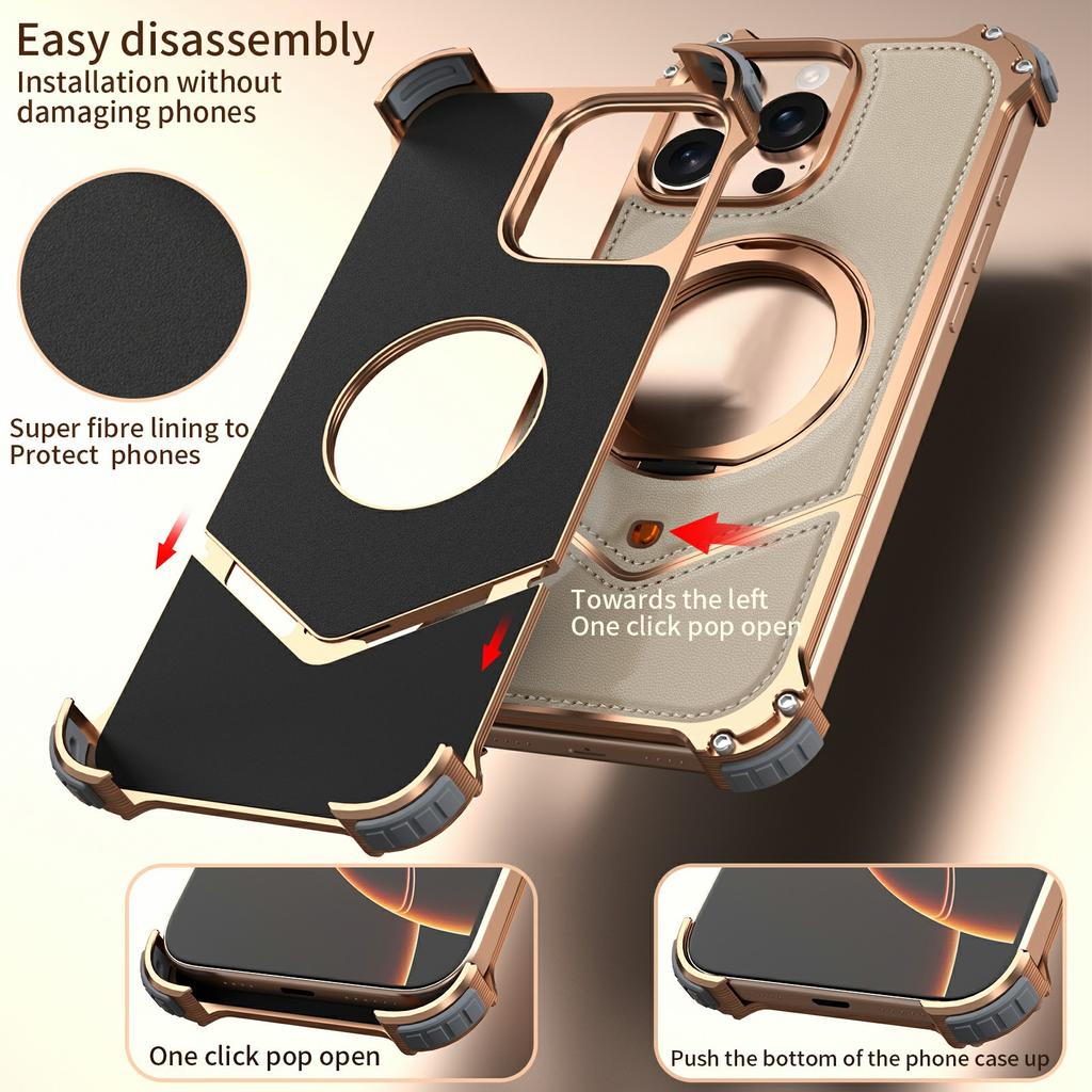 For iPhone 16 Pro Case PU Covered Metal Boardless Phone Back Cover with Kickstand