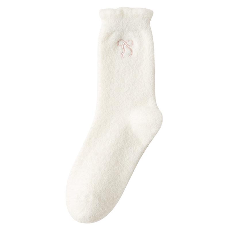 White Bow Socks Women'S Medium Tube Australian Velvet Plush Thickened Warm Home Confinement Socks Plush Floor Socks