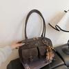 Womens Retro Solid Color Suede Leather Shoulder Bag with Multiple Pockets Large Capacity Comes with A Detachable Accessory Charm