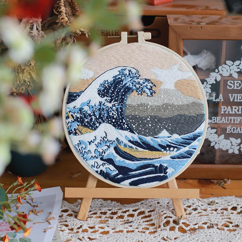 1 PC Kanagawa Great Wave off Kanagawa Pattern Embroidery DIY Fabric Craft Kit with Tools