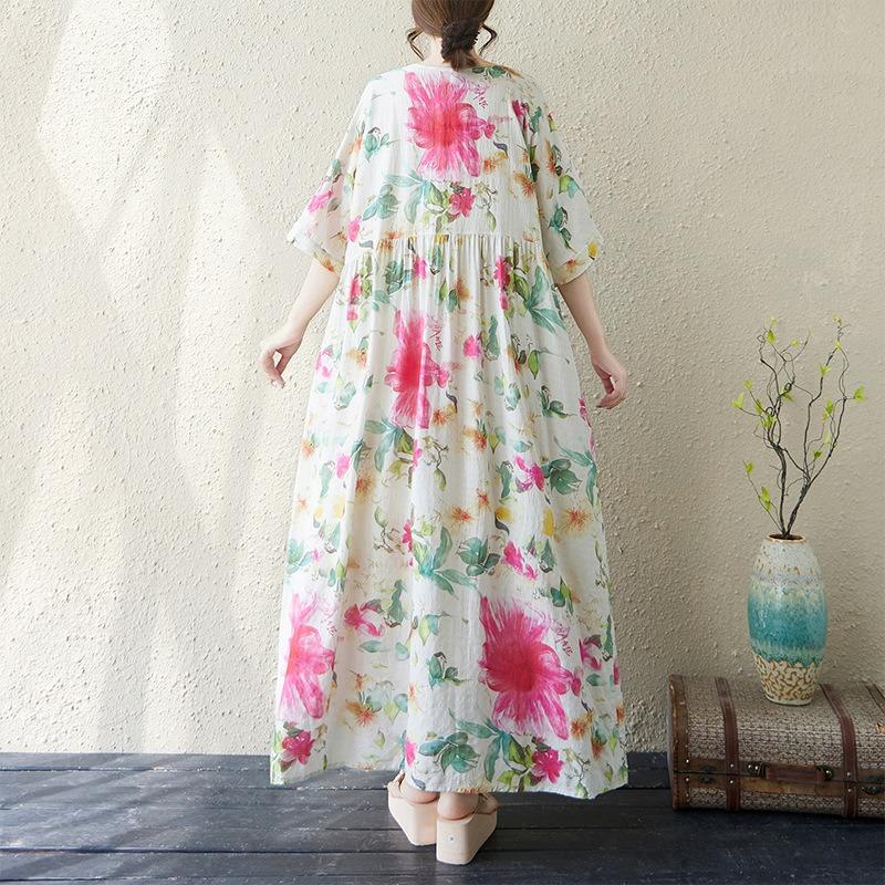Real shot summer thin cotton and linen round neck short sleeve simple flower bohemian medium and long foreign trade dress women