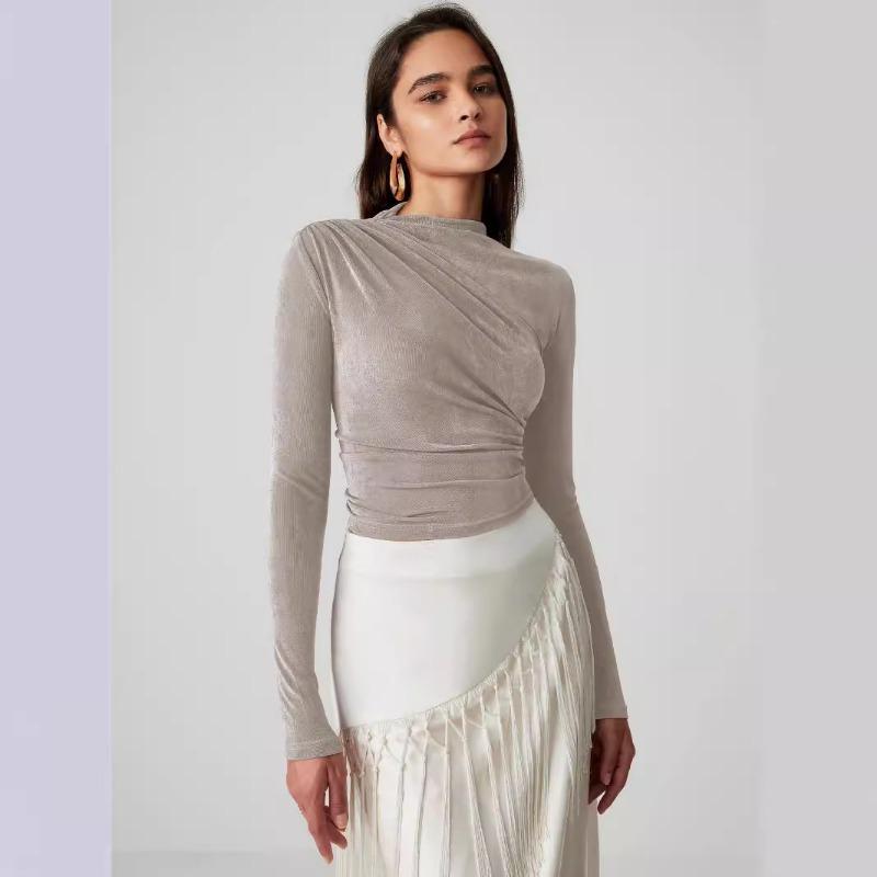 Autumn and Winter Slim Pullover Half High Neck Velvet Pleated Long Sleeve Top