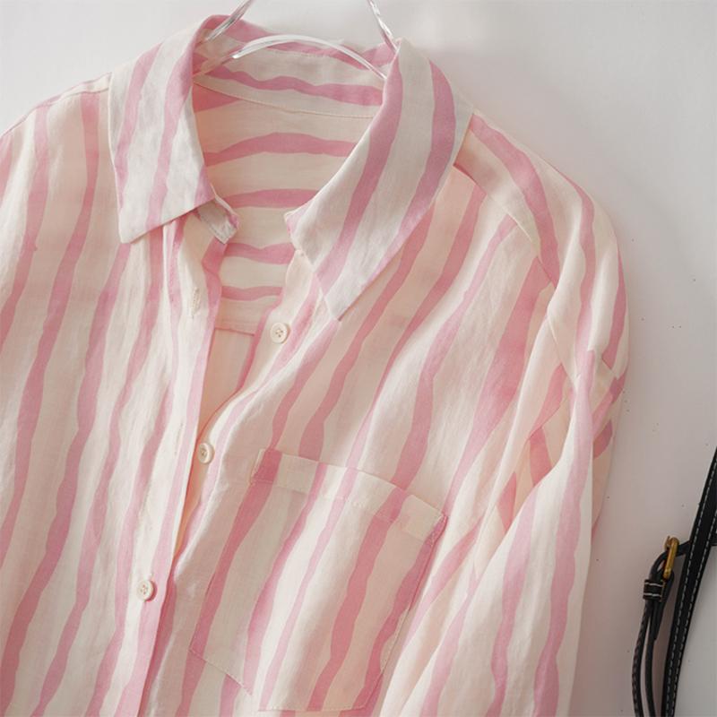 Ladies Vintage Striped Shirt Blouse Shirt Loose Summer Long Sleeve Tops