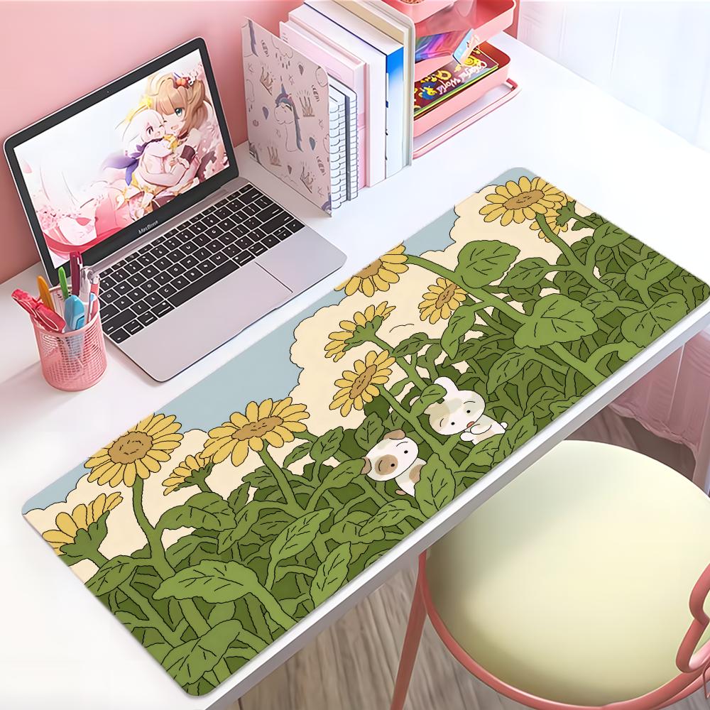 Cute Natural Art Green Plant Cat Mouse Pad Large Thick Desk Pad Stitched Edges Gaming Mouse Mat For Pc