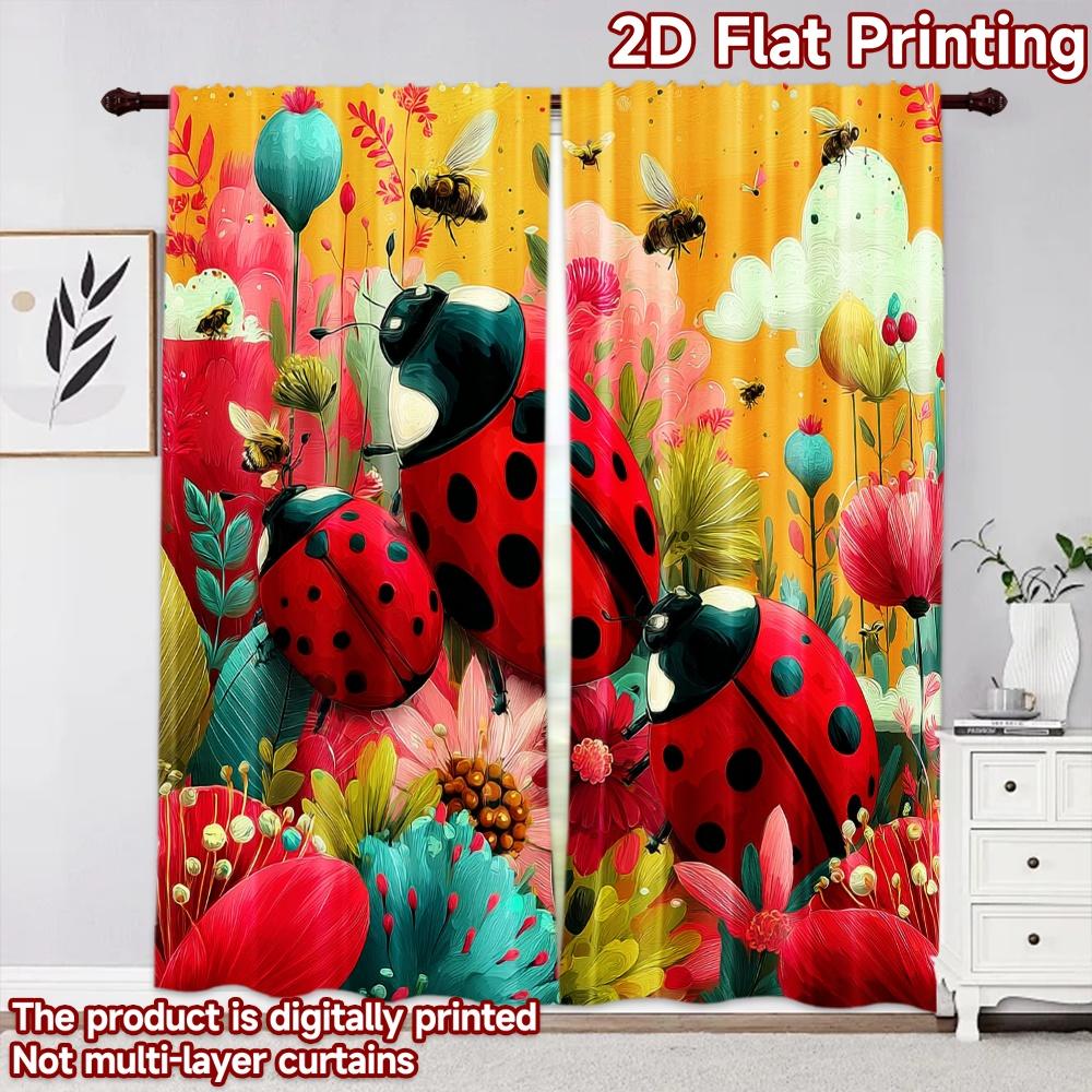 2D flat printing 2pcs Curtain Curtains Spring Ladybugs Garden Digital Printed Polyester Drapes Birthday Party Perfect for Living