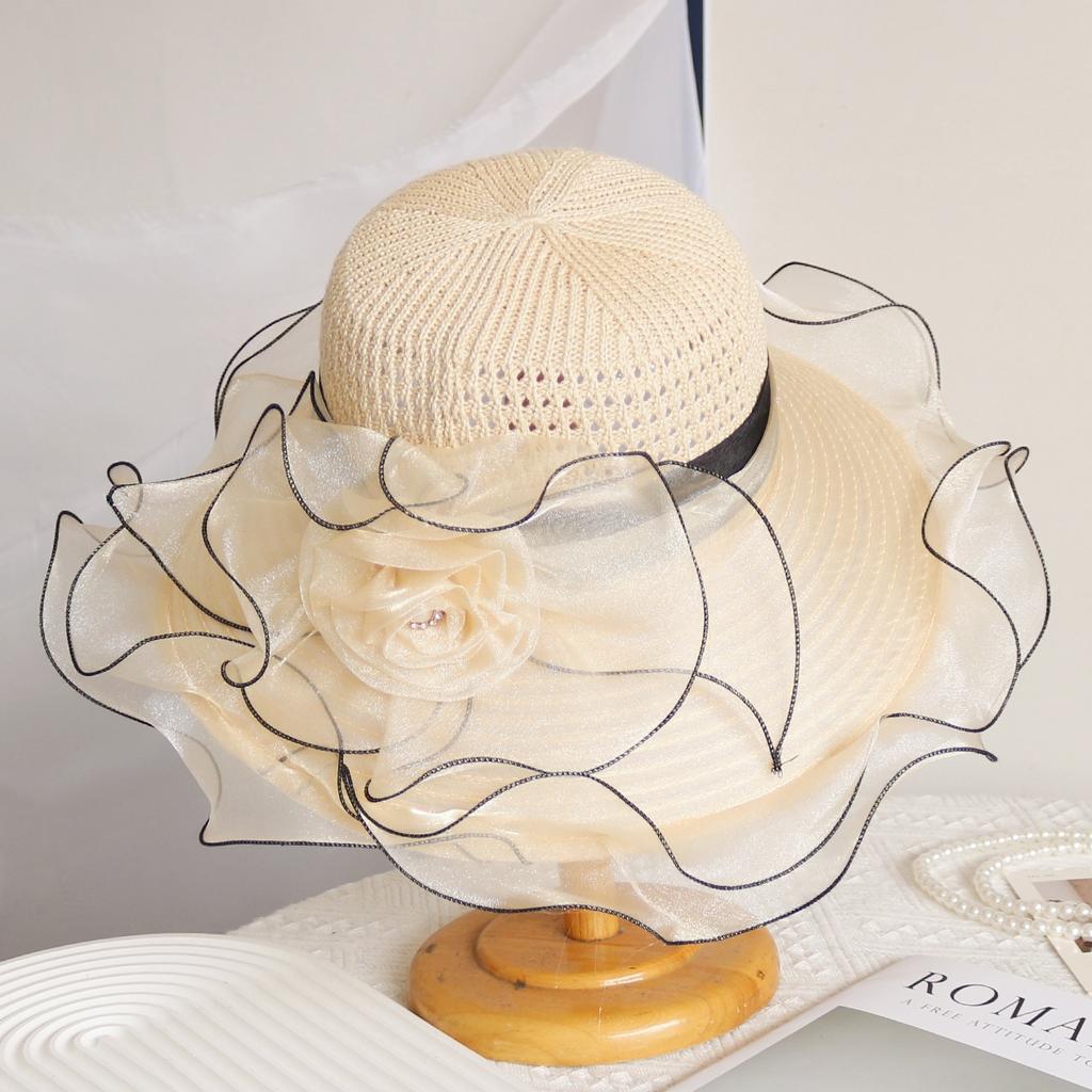 Elegant Summer Women's Sun Hat Breathable Organdy Material Foldable Design Woven Top Flower Decoration