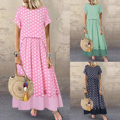 Women Polka Dot Fake Two Pieces  Short Sleeve Summer Plus Size Maxi Dress