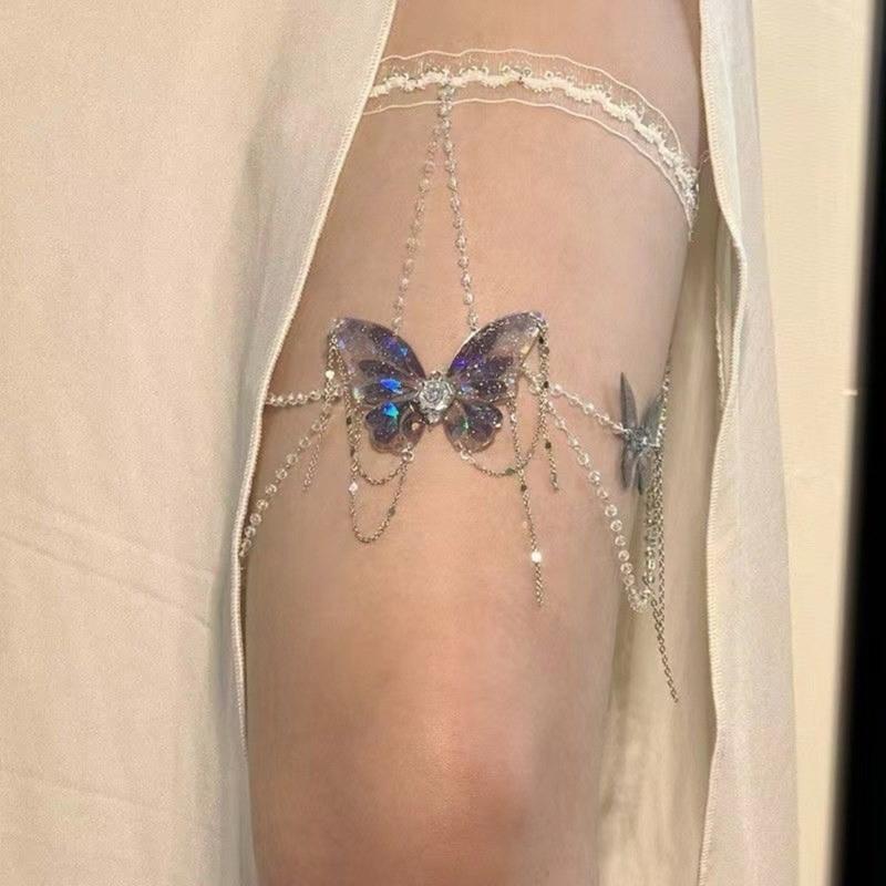 Butterfly Tassels Thigh Chain Adjustable Length Lace Leg Chain with Fringes Accent Unique Body Jewelry for Women Girls