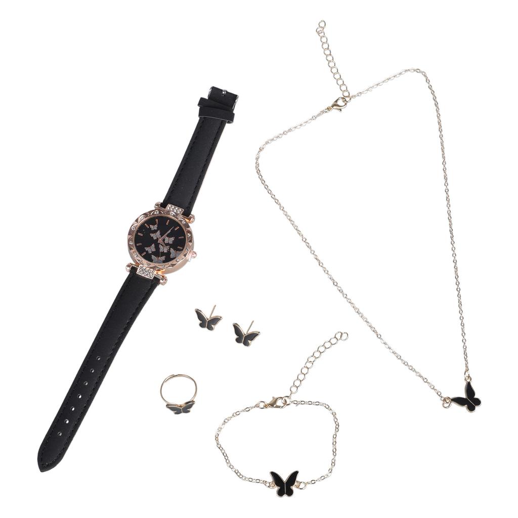 6pcs/set Luxury Watch Women Rings Necklace Earrings Bracelet Set Butterfly Leather Strap Watches Lady Wristwatch No Case