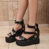 Fashion Floral Print Women Platform Sandals Black White PU Leather Women's Fish Mouth Back Zip Summer Footwear Sandalias De Mujer Size35