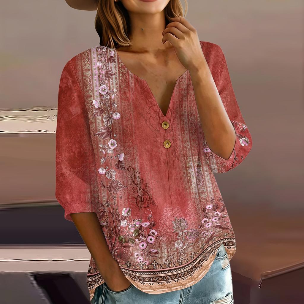 Women’s Floral Print Cotton Linen Henley Neck Button Front Three Quarter Sleeve Casual Loose Fit Shirt Top