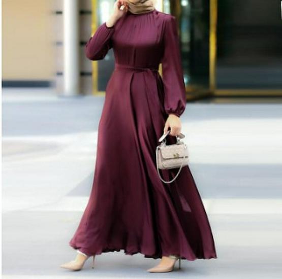 Women's Elegant Round Neck Lantern Sleeve Tie-Waist Slimming Robe Dress