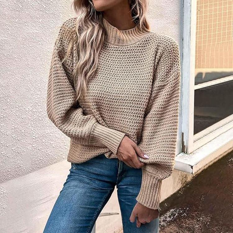 Women Warm Knitted Sweater Round Neck Pullover Jumpers Long Sleeve High Collar Knit Sweaters Tops Outerwear
