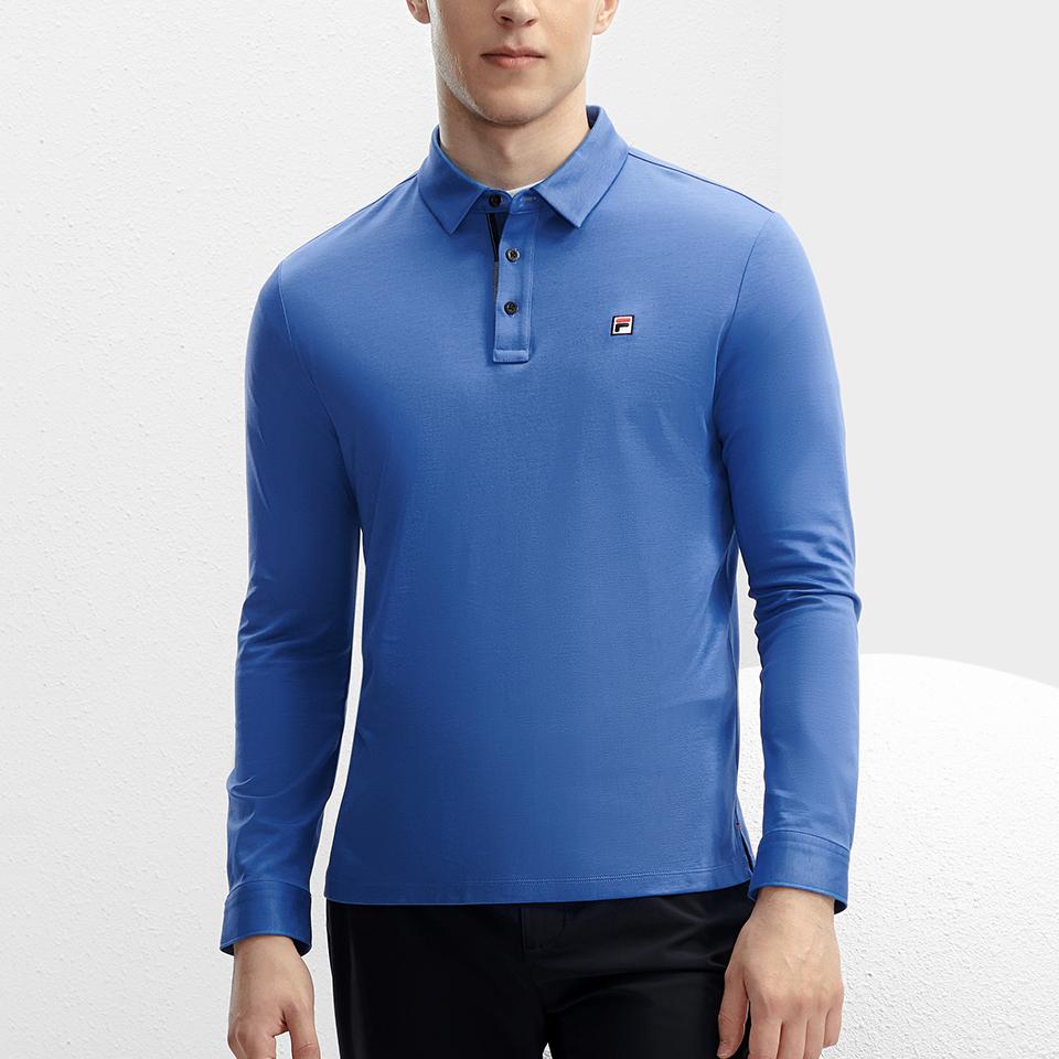 Fila Solid Color Knitted Casual Long Sleeve Polo Shirt Men Tops Misty-Lake-Blue F11M411206F-DB
