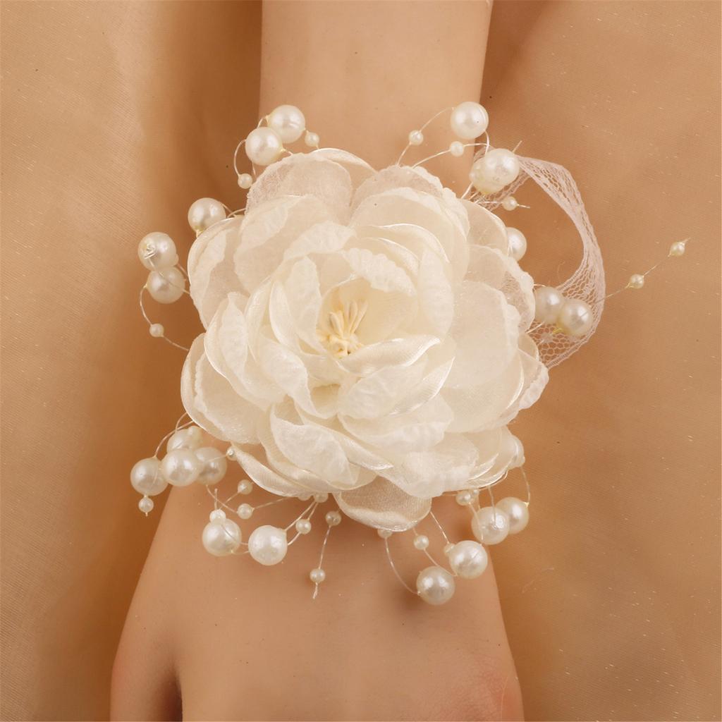 Organza Pearls Wrist Flower Decoration Wrist Corsage Lace Ribbon Wristband Jewelry For Bridal Shower Wedding Ceremony