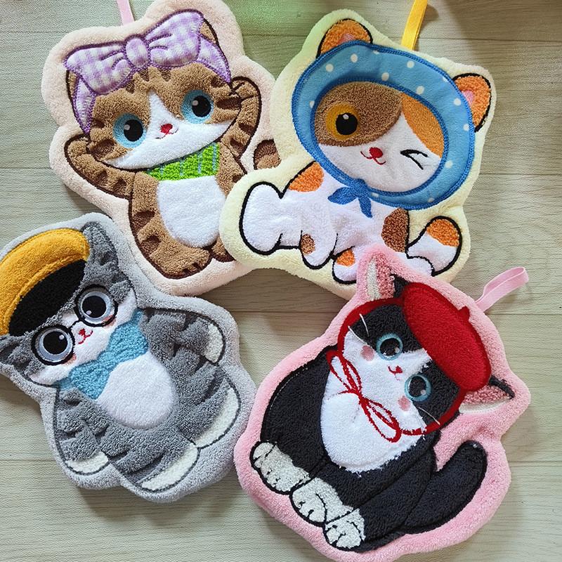 Adorable Cartoon Cat Hand Towel Hanging handkerchief Coral Fleece Ultra Absorbent Quick Drying Thick Odor Resistant Ideal For  Kitchens Bathrooms