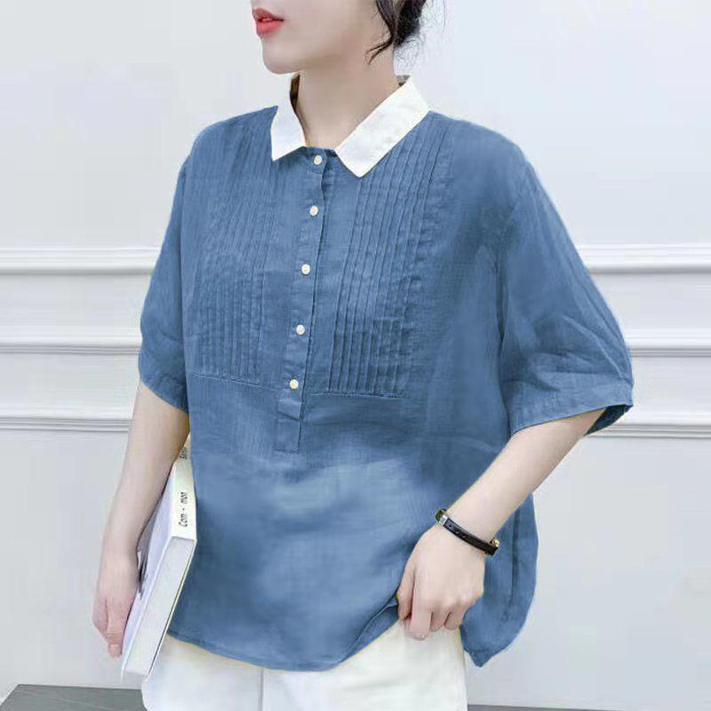 Casual Solid Color Peter Pan Collar Shirt  Summer Stylish Pleated Female Streetwear Button Loose Spliced Short Sleeve Blouse