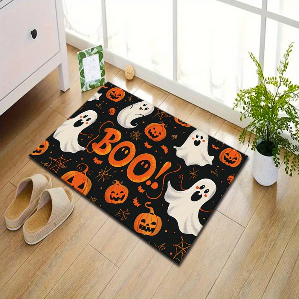 Halloween Themed Polyester Area Rug – Spooky Pumpkin & Ghost Pattern with Non-Slip Rubber Backing, Durable Crystal Velvet Floor