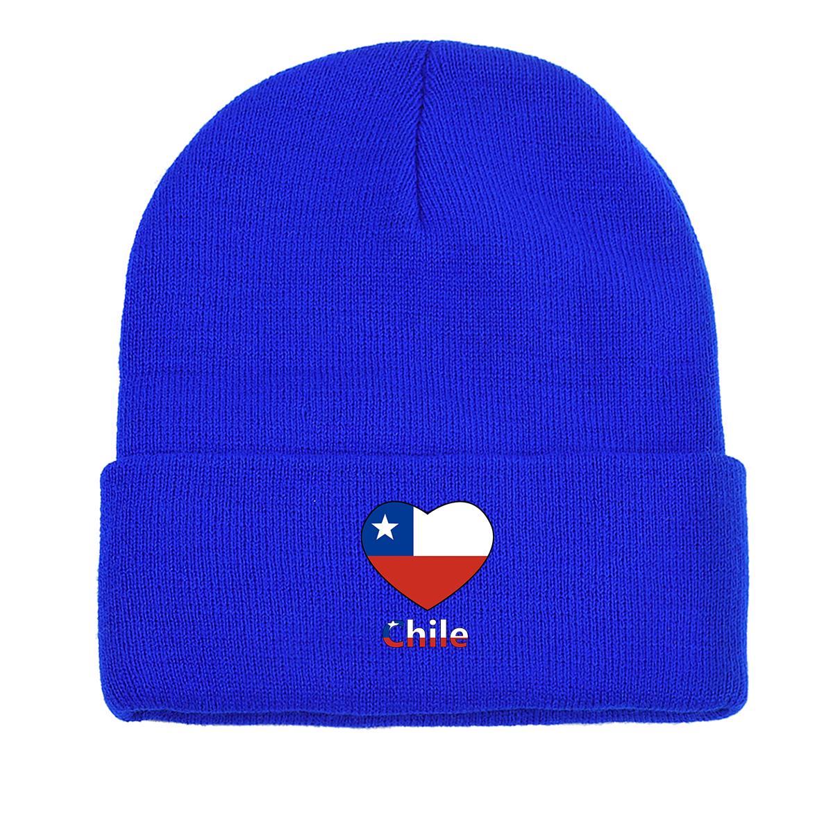 

Вязаная шапка с принтом флага Чили в виде сердца, шапка-череп, зимняя ветрозащитная повседневная вязаная шапка-чепчик as the picture синий