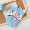 Women's Blue Fat Cat Cartoon Socks – Cute 3D Ears, Feather Yarn, All Cotton, Low-Cut Boat Style