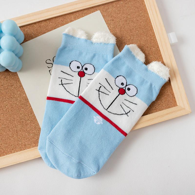 Women's Blue Fat Cat Cartoon Socks – Cute 3D Ears, Feather Yarn, All Cotton, Low-Cut Boat Style