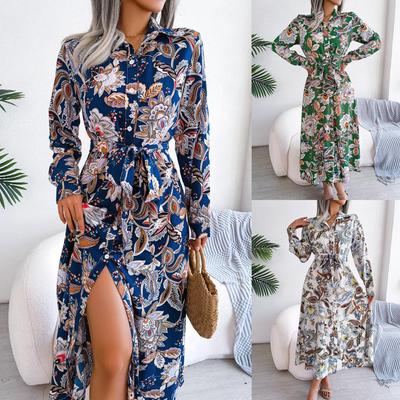 Turndown Collar Print Flower Button Dress High Waist Elegant Shirt Dress for Women Long Sleeve Loose Dresses Causal Dress