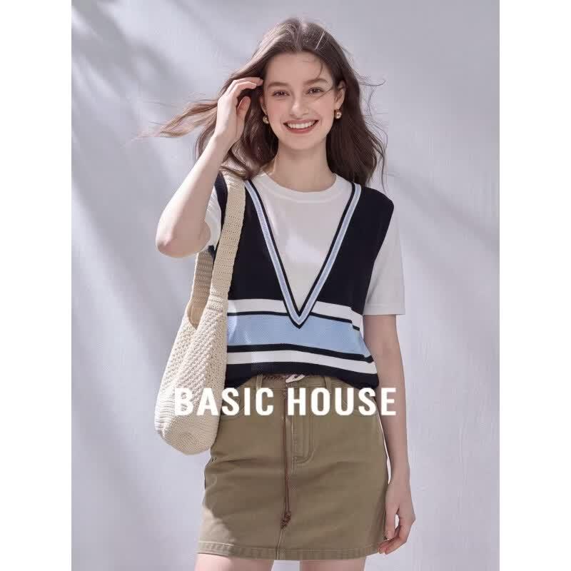Basic House Women s Navy Stripe Faux Two-Piece Knit Top L