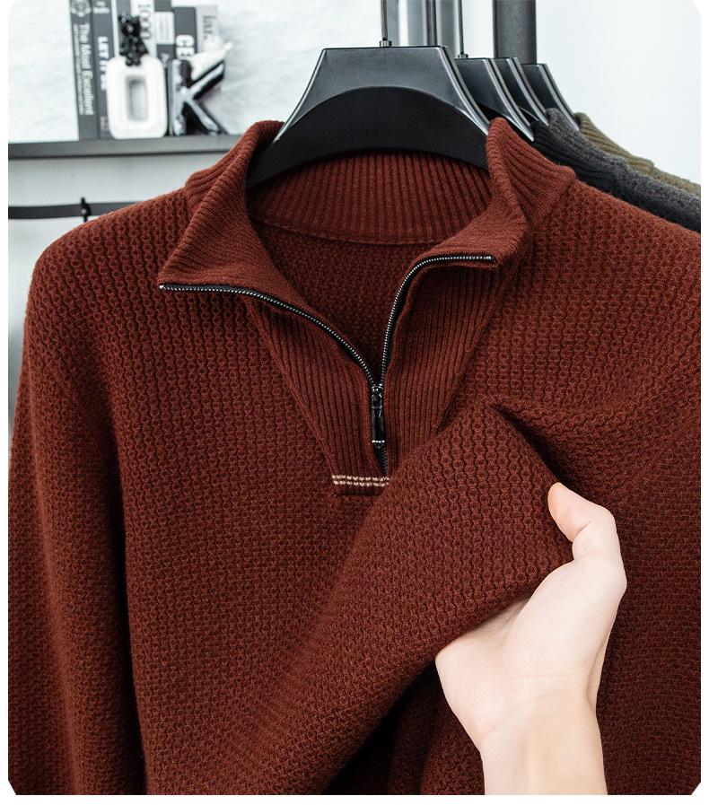 Men's Plus Size Trendy Half-Zip Wool Sweater: Autumn/Winter Fleece Pullover, Warm Casual Knit.