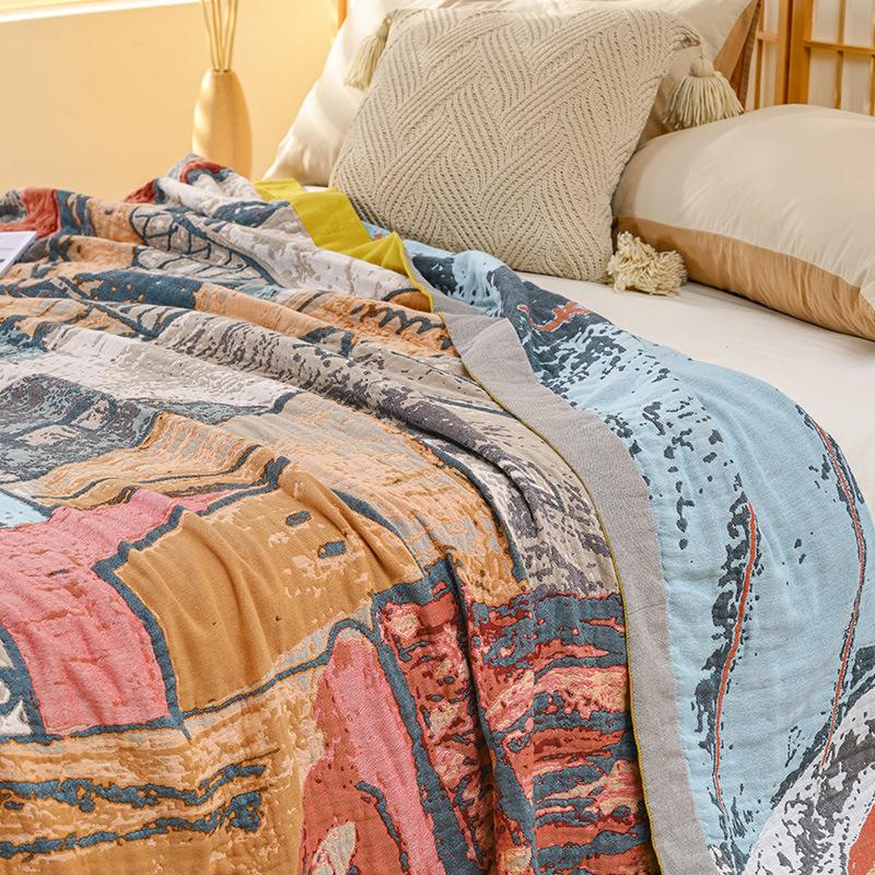 100% Cotton Blanket, Impression Town, Four-Layer Gauze Sheet, Reversible Sheet